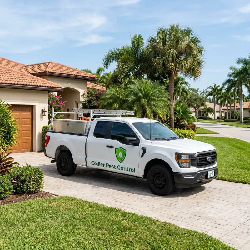 Branded Collier Pest Control service truck parked in a Naples FL driveway